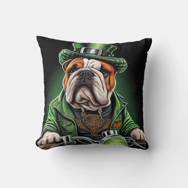 Almofada Dia de São Patrício de Bulldog Dirigindo Bicicleta (Frente)