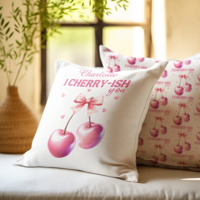 Almofada Dia do Namorados Personalizado do Esquema de Cerej (Cute Cherry Script Personalized Valentine’s Day Throw Pillow)