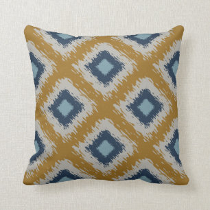 Almofada Diamante Tribal de Padrão Ikat Dourado Azul Edit