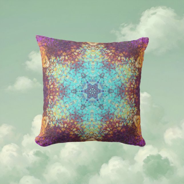 Almofada Digital Mandala Blue Amarelo e Puro (Blue Yellow and Purple Digital Paint Mandala Throw Pillow By Wormhole Orbital)