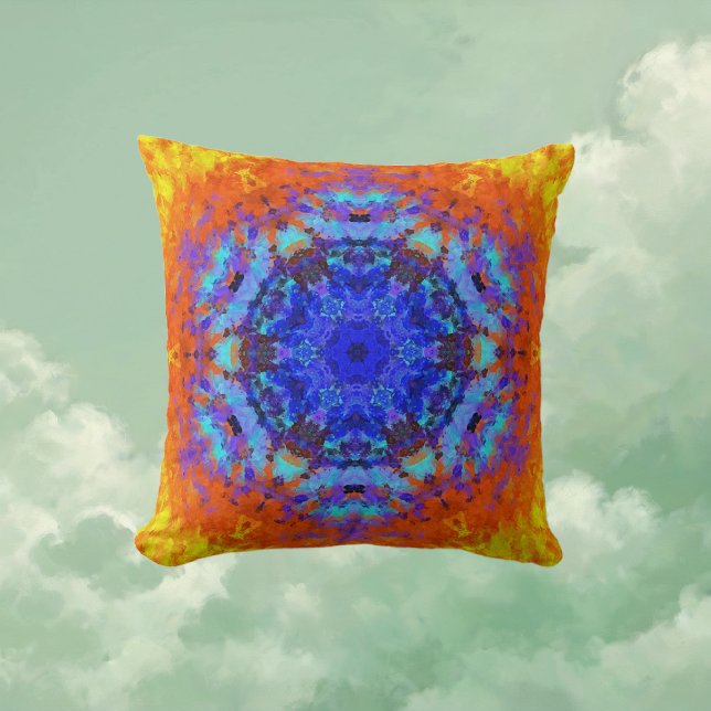 Almofada Digital Mandala Blue Orange e Yellow (Blue Orange and Yellow Digital Mandala Throw Pillow by Wormhole Orbital)