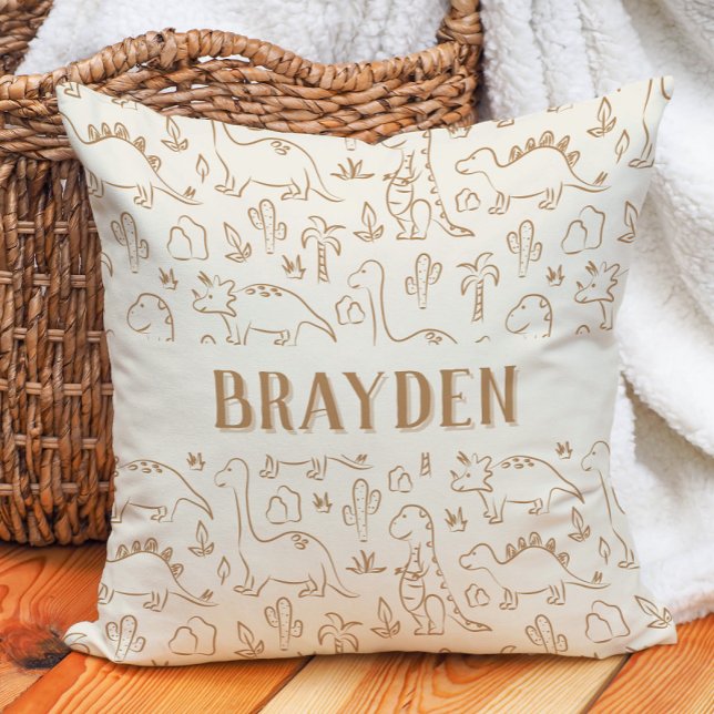 Almofada Dinosaur Boho Boy Name Dino Cute Beige Brown Tan (Criador carregado)