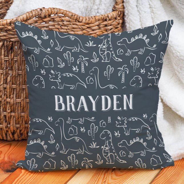 Almofada Dinosaurs Boy Name Dino Cute Jungle Dark Blue (Criador carregado)