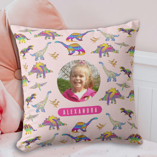 Almofada Dinossauro Colorido Foto e Nome Personalizados Ros