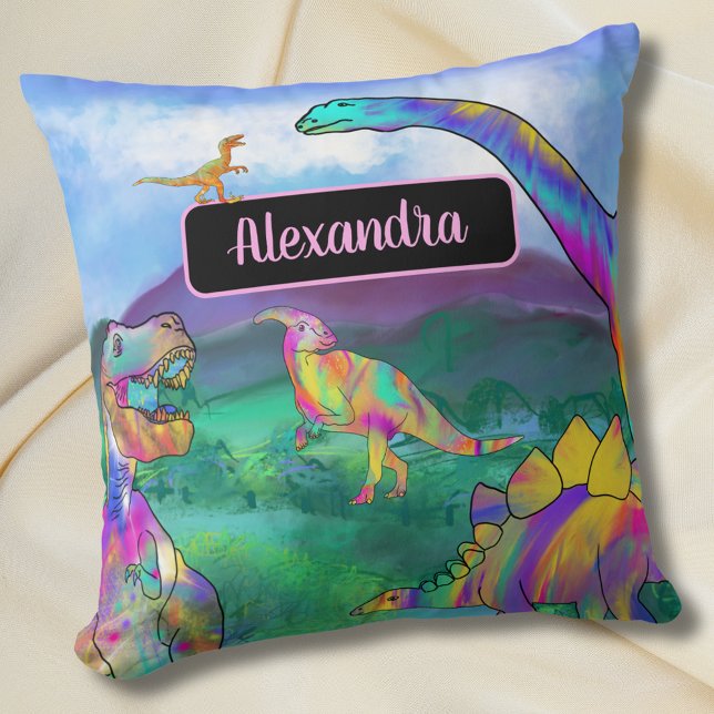 Almofada Dinossauro Colorido Nome Personalizado (Colorful dinosaurs personalized girls name bedroom decor Cute dino kids custom bedroom home decor )
