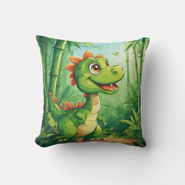 Almofada Dinossauro de Cartoon Adorável na Selva Verde Lush (Frente)