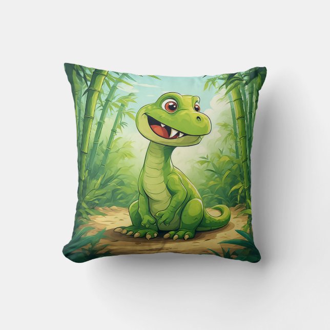 Almofada Dinossauro de Cartoon Adorável na Selva Verde Lush (Frente)