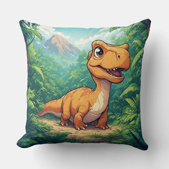 Almofada Dinossauro de Desenho Animado Explorando uma Selva (Frente)