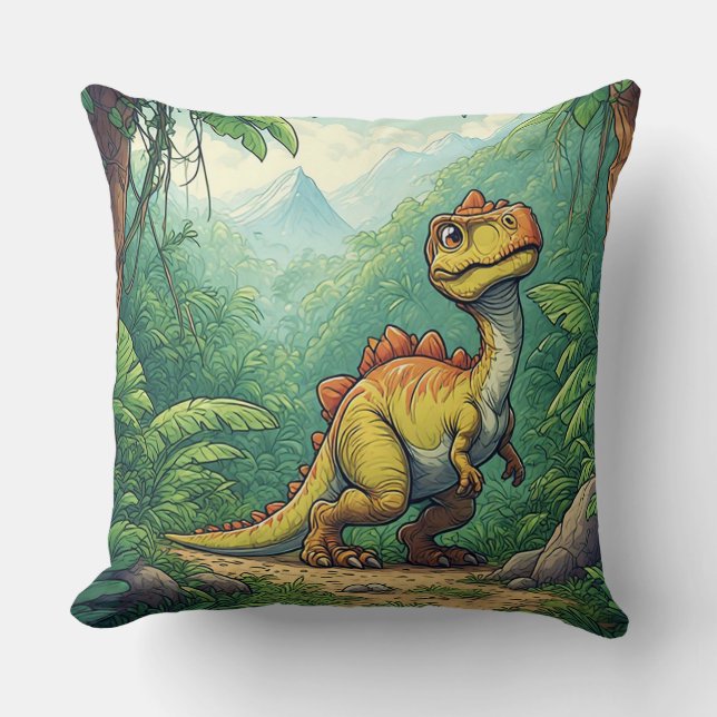Almofada Dinossauro de Desenho Animado Explorando uma Selva (Frente)