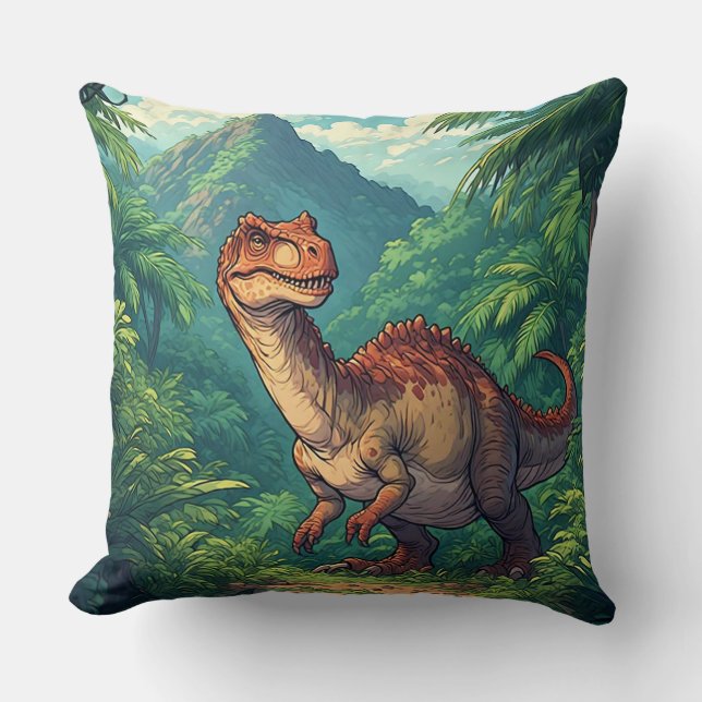 Almofada Dinossauro de Desenho Animado Explorando uma Selva (Frente)