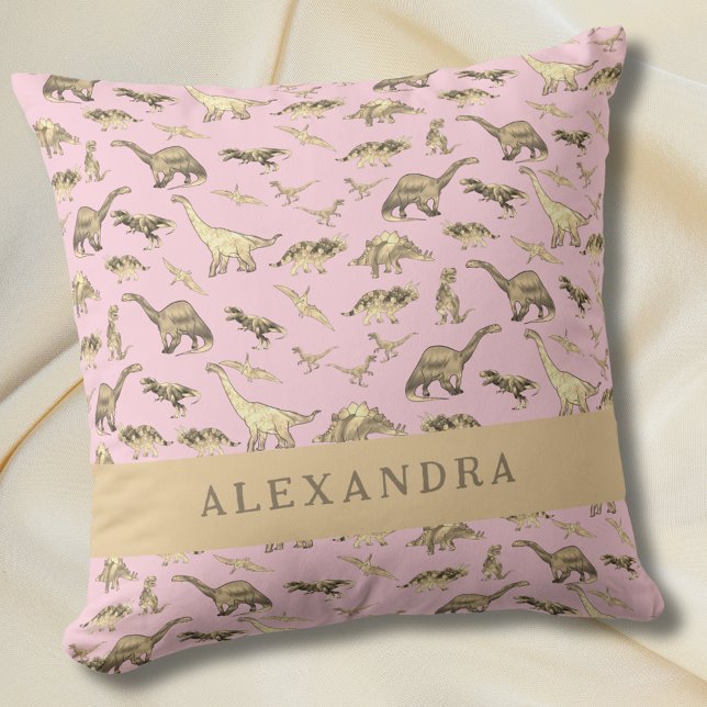 Almofada Dinossauro Fofo Nome Personalizado Rosa (Cute dinosaur personalized name baby girls pink pillow)