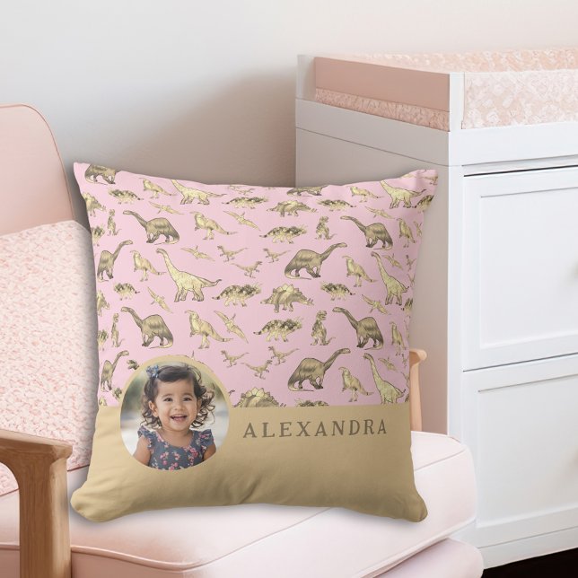 Almofada Dinossauro Foto Personalizada e Nome Rosa (Criador carregado)