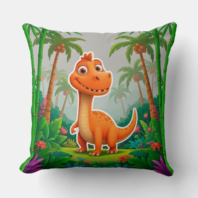 Almofada Dinossauro Laranja Divertido em um Cenário de Selv (Frente)