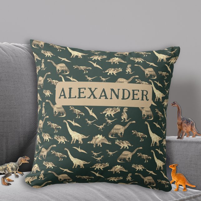 Almofada Dinossauro Verde Meninos Personalizado (Dinosaur pattern personalized boys name dark green and khaki brown Custom dino home decor)