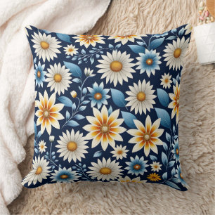 Almofada Disias Amarelas e Padrão de Flor Azul
