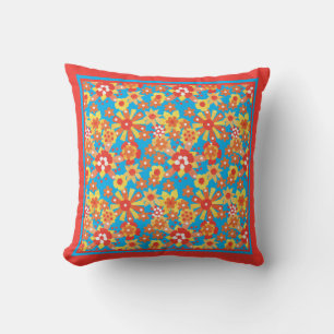 Almofada Ditsy vermelho, flores alaranjadas, amarelas na