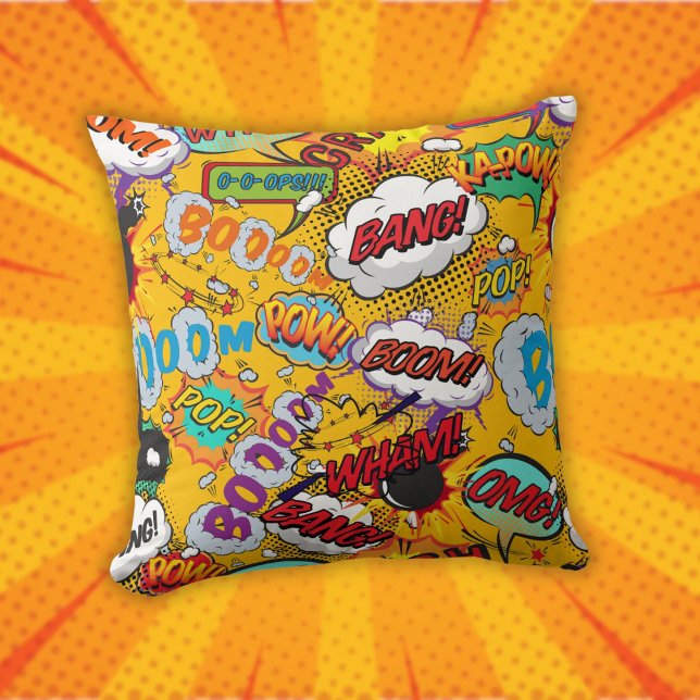 Almofada Diversão Revistas em Quadrinhos Retrô Arte Pop Ref (Fun Retro Comic Book Pop Art Shout Outs Throw Pillow)
