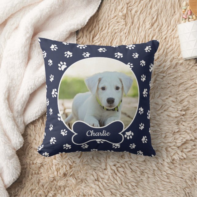 Almofada DIY Dog Photo Circle Name Bone White Paws Marinho (Cobertor)