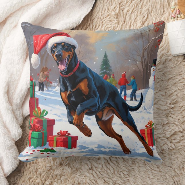 Almofada Doberman Correndo na Neve com Chapéu de Natal (Cobertor)
