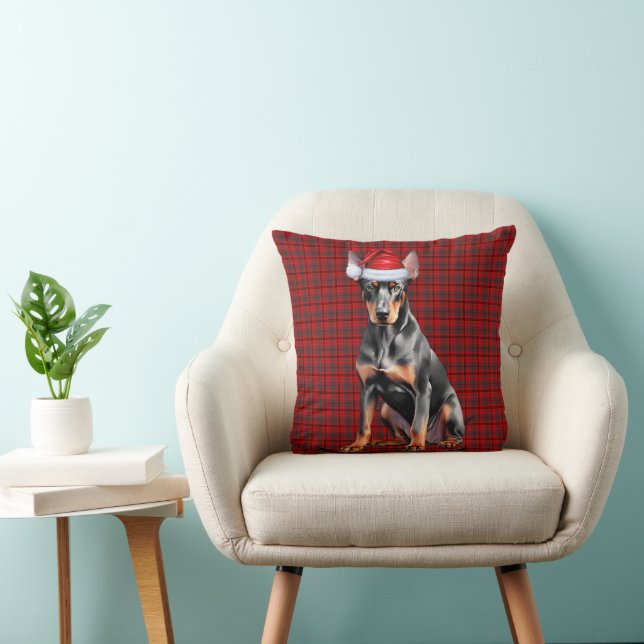 Almofada Doberman Pinscher and Holiday Plaid Christmas Dog (Cadeira)
