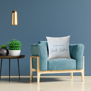 Almofada Doce 16 bebê azul cinza prateado nome do pó script