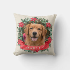 Almofada Dog Photo and Name Poinsettia Wreath Holiday Plaid