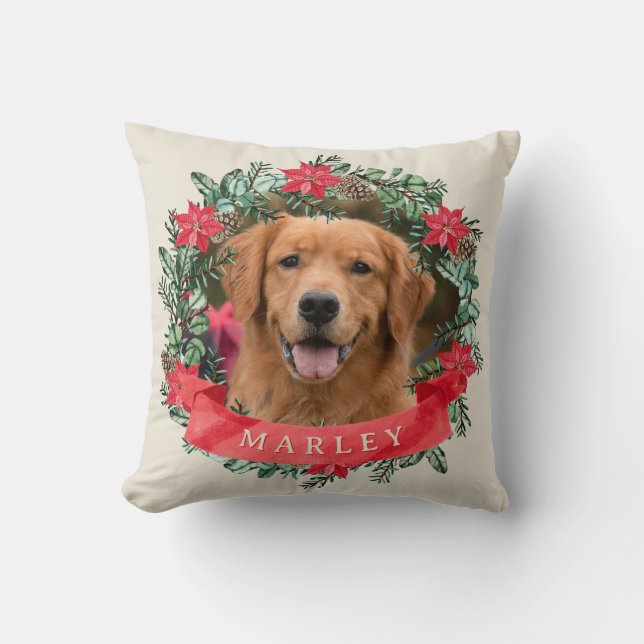 Almofada Dog Photo and Name Poinsettia Wreath Holiday Plaid (Frente)
