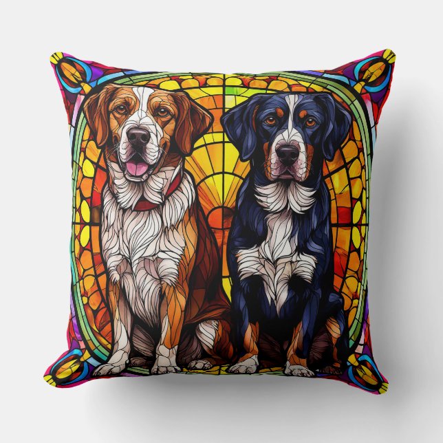 Almofada Dois Cães em um Desenho de Vitral (Frente)