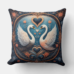 Almofada Dois Cisnes com Desenho Floral e Ornamental