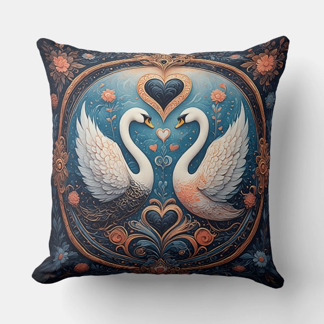 Almofada Dois Cisnes com Desenho Floral e Ornamental (Frente)