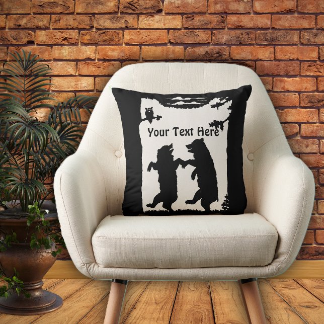 Almofada Dois Ursos Negros Dançando sob árvores Coruja de B (Two bears dancing in woods owl in tree in black silhouette on white on throw decorative pillow.)