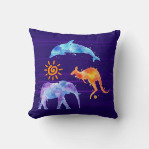 Almofada Dolphin Kangaroo e Elephant Watercolor