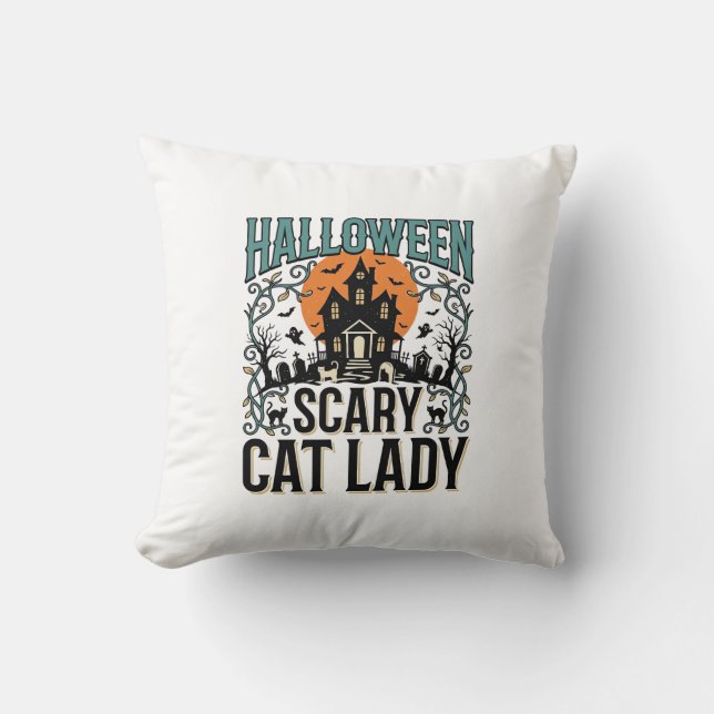 Almofada Dona do Gato de Halloween Casa Assombrada Assustad (Frente)