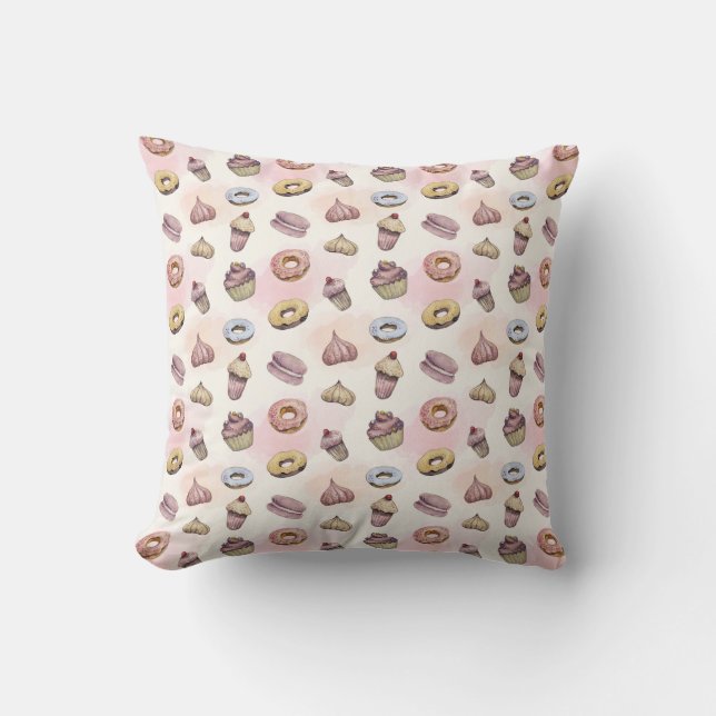 Almofada Donuts Cupcakes Rosa Aquarela Caprichoso Moderno (Frente)