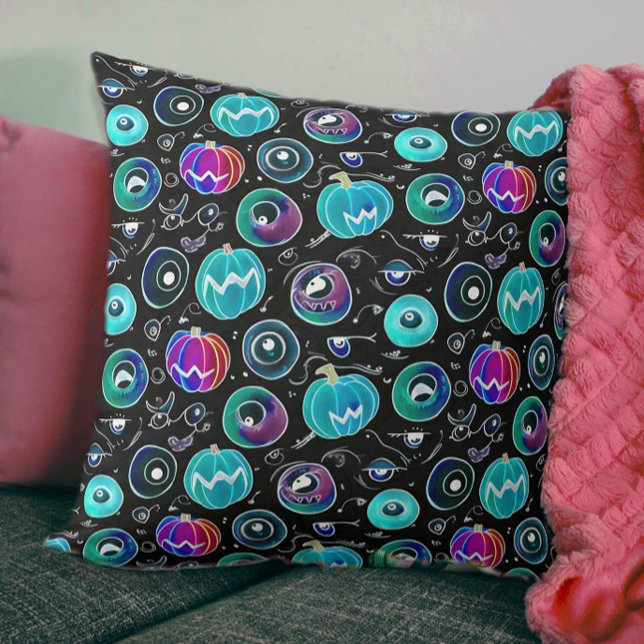 Almofada Doodle de Abóbora com Olhos de Monstro Preto Azul  (Criador carregado)