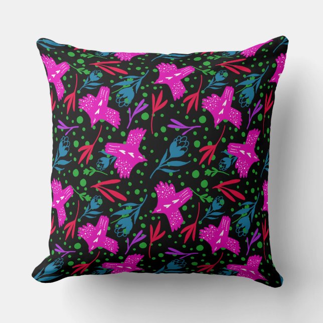 Almofada Doodle pattern flowers, leaves birds black backgro (Frente)