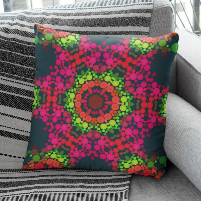Almofada Dot Mandala Flor Rosa Verde e Laranja (Criador carregado)