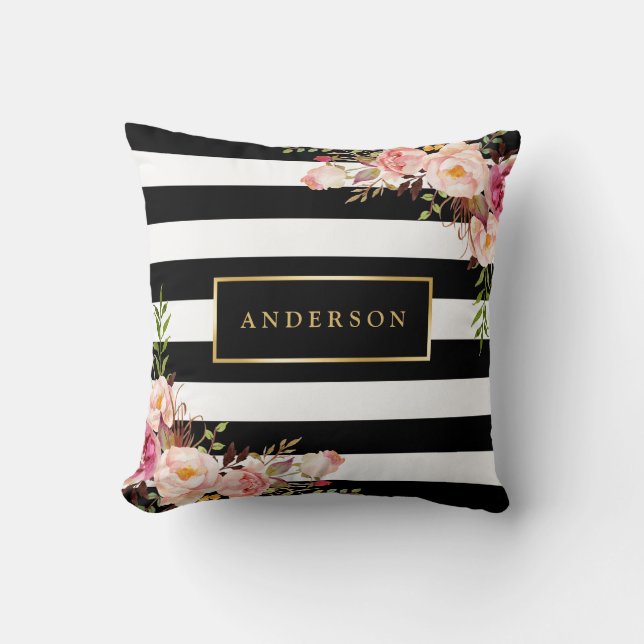 Almofada Dourada Moldura Floral  Listras Elegantes (Frente)