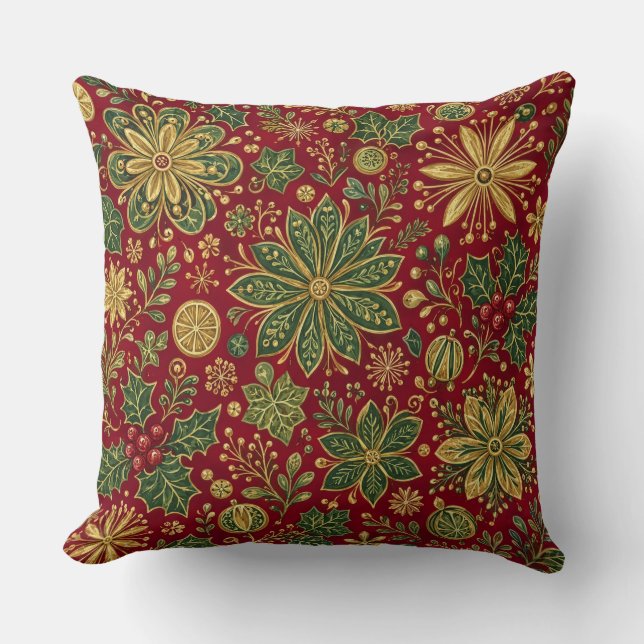 Almofada Dourado Antigo Verde Folhas de Natal Botânica de N (Frente)
