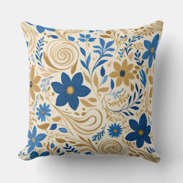 Almofada Dourado azul e branco floral com espirais