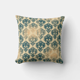 Almofada Dourado & Azul Vintage Rústico Glam Moderno Damasc