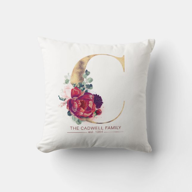 Almofada Dourado Brilho C Monograma Vermelho Borgonha Flora (Frente)