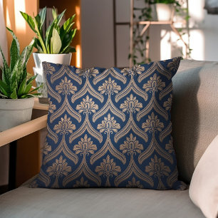 Almofada Dourado Damasco Floral no Azul Escuro
