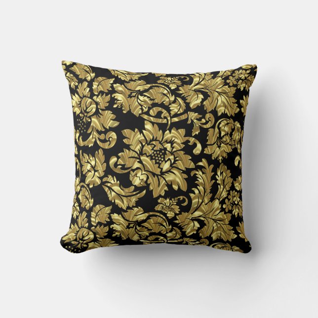 Almofada Dourado Damask sobre fundo preto (Frente)