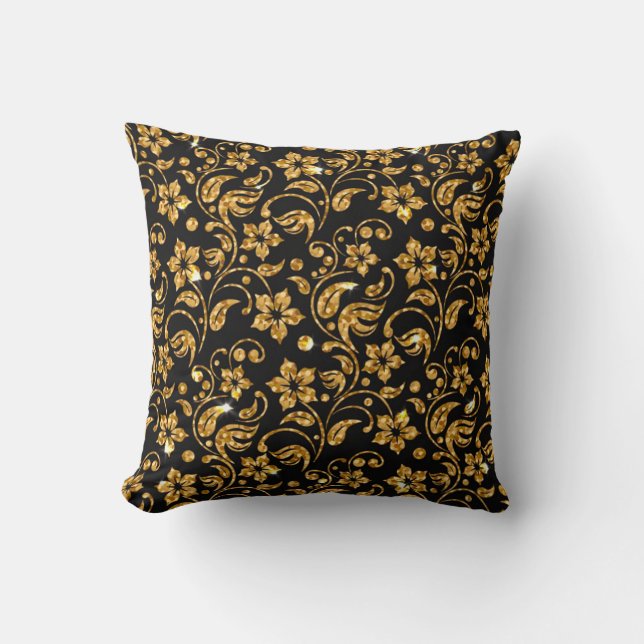 Almofada Dourado Floral brilhante preto (Frente)
