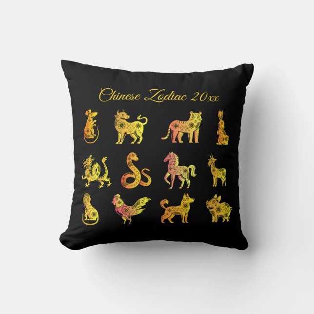 Almofada Dourado Gradiente Chinês Zodiac Preto (Frente)