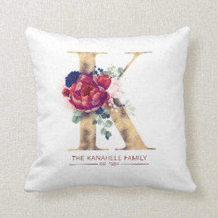 Almofada Dourado K Monograma Floral Vermelho e Marinho Azul