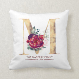 Almofada Dourado M Monograma Floral Vermelho Borgonha