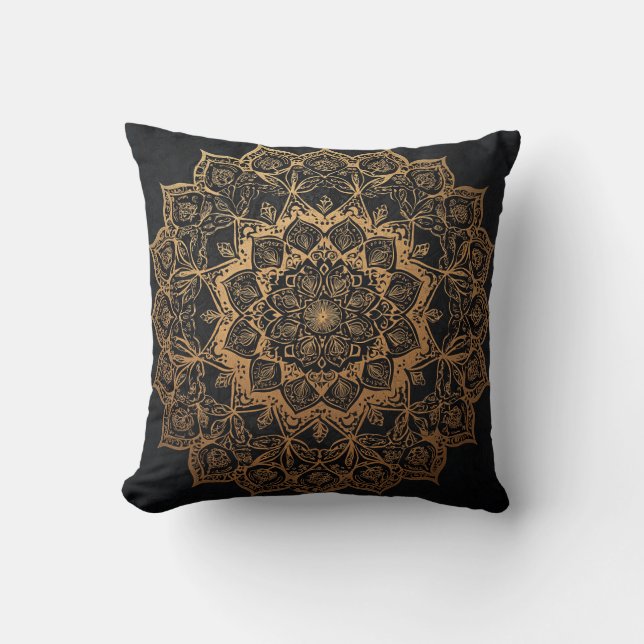 Almofada Dourado Mandala no Travesseiro Negro (Frente)