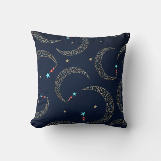Almofada Dourado Místico Azul Filigrana Lua Celestial (Frente)